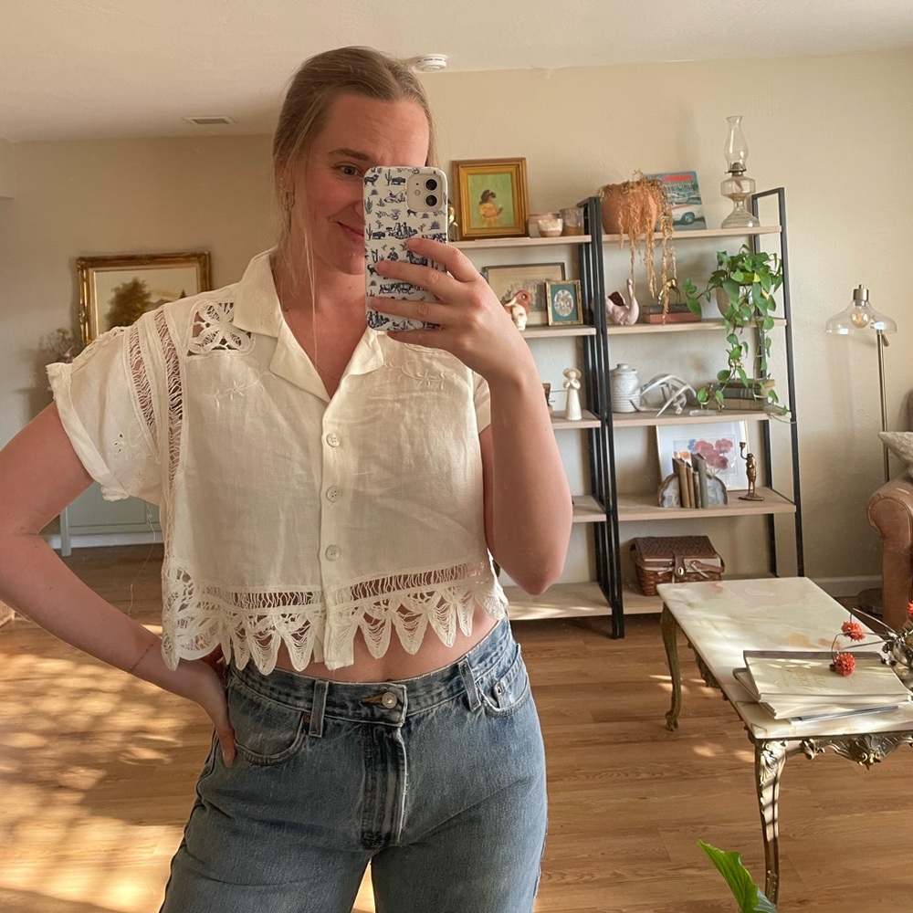 Free People Homespun Cropped Eyelet Button Down White - Picture 2 of 4